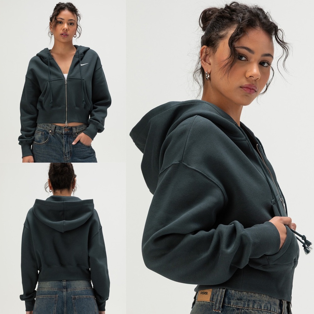 Nike Sportswear Women’s Phoenix Cropped Zip-Up Hoodie Jacket in Dark Green - M